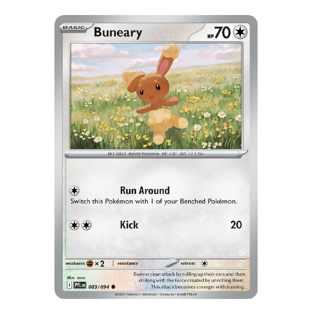 A single Pokémon trading card featuring Buneary from the Ruby & Sapphire expansion, with a silver border, white text areas, and artwork of the creature in a yellow wildflower field.