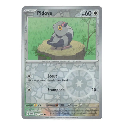 A single Pokémon trading card for Pidove from the Basic set, shown against a plain white background. The card has a silver-gray border and a central illustration of a gray bird perched on a tree stump in green scenery.