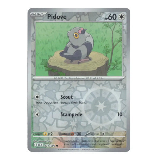A single Pokémon trading card for Pidove from the Basic set, shown against a plain white background. The card has a silver-gray border and a central illustration of a gray bird perched on a tree stump in green scenery.