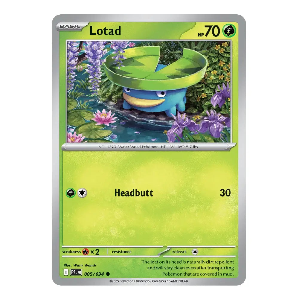 A single Pokémon trading card featuring the character Lotad from the Platinum TCG, with a bright green and yellow-green design and artwork of Lotad under a large green leaf in a pond.
