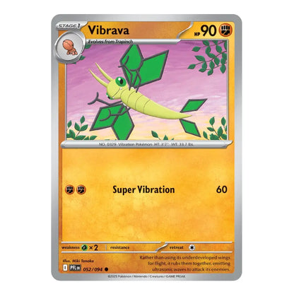 A single Pokémon trading card for Vibrava from the Emeralds expansion, featuring a silver border, orange-yellow background, and artwork of a green and yellow insect on a pink-purple field.