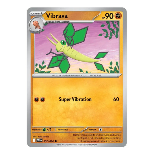 A single Pokémon trading card for Vibrava from the Emeralds expansion, featuring a silver border, orange-yellow background, and artwork of a green and yellow insect on a pink-purple field.