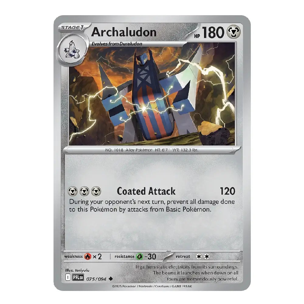 A single Pokémon trading card for Archaludon, shown flat against a plain white background. The card has a silver-gray border, a colorful artwork panel with blue, orange, and yellow lightning effects, and black text including the name 'Archaludon' and HP '180'.