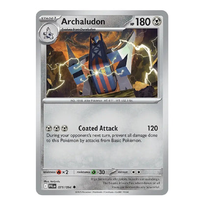 A single Pokémon trading card for Archaludon, shown flat against a plain white background. The card has a silver-gray border, a colorful artwork panel with blue, orange, and yellow lightning effects, and black text including the name 'Archaludon' and HP '180'.