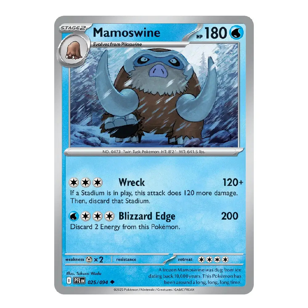 A single Pokémon trading card featuring Mamoswine, a Stage 2 Ice-type Pokémon. The card has a silver border, a blue gradient background, and an illustration of Mamoswine with large curved horns in a snowy scene.