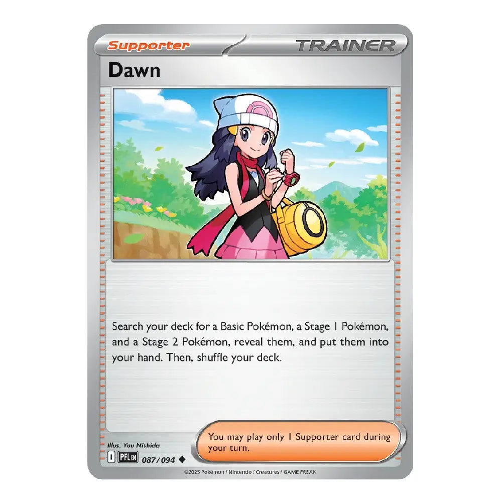 A Pokémon trading card titled "Dawn" shown against a plain white background. The card has a silver border, a colorful illustration of a girl in a pink outfit holding a yellow basket, and game text printed below the artwork.