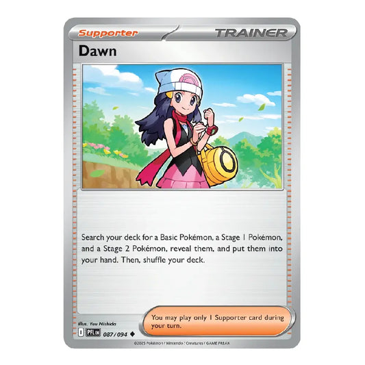 A Pokémon trading card titled "Dawn" shown against a plain white background. The card has a silver border, a colorful illustration of a girl in a pink outfit holding a yellow basket, and game text printed below the artwork.