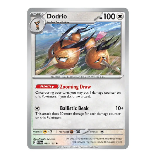 A single Pokémon trading card for Dodrio, shown flat against a plain white background. The card has a silver-gray border, a white text area, and artwork of two orange-brown flying creatures with pink accents in the illustration panel.