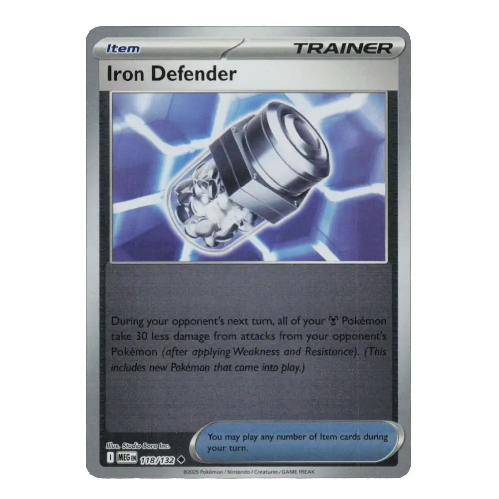 A single Pokémon trading card for Iron Defender, shown against a plain white background. The card has a silver border, the 'Item' and 'Trainer' labels at the top, artwork of an iron bolt with blue energy effects in the center, and text below.