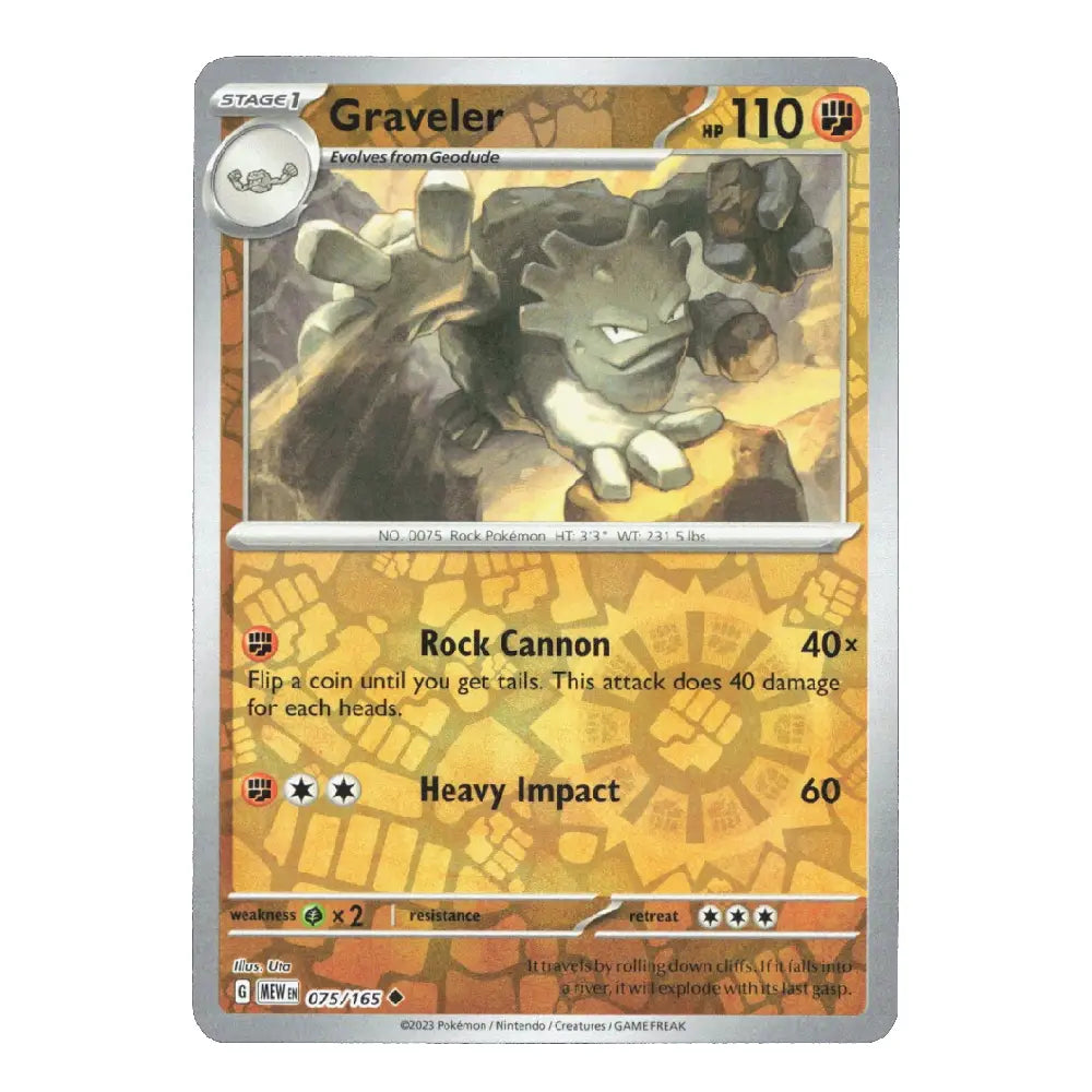 A single Pokémon trading card for Graveler, shown front-facing on a plain white background. The card features artwork of a gray rock creature, yellow-orange text panels, and a silver border.