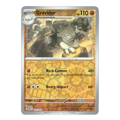 A single Pokémon trading card for Graveler, shown front-facing on a plain white background. The card features artwork of a gray rock creature, yellow-orange text panels, and a silver border.