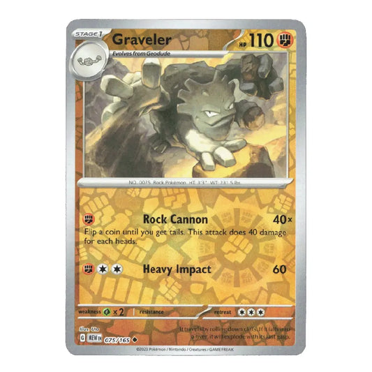 A single Pokémon trading card for Graveler, shown front-facing on a plain white background. The card features artwork of a gray rock creature, yellow-orange text panels, and a silver border.