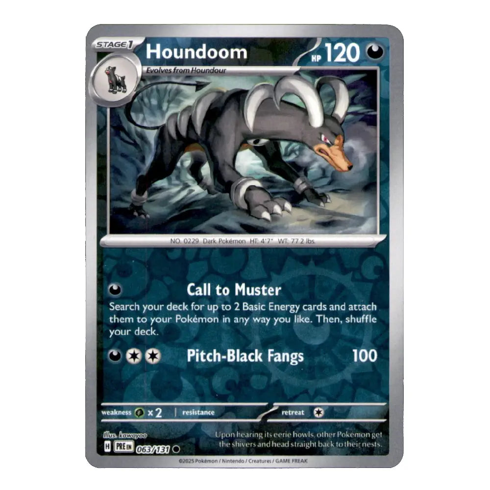 A single Pokémon trading card featuring Houndoom, a Stage 1 Dark-type Pokémon. The card has a dark blue and gray design with an illustration of the creature in the center and text for 'Call to Muster' and 'Pitch-Black Fangs'.