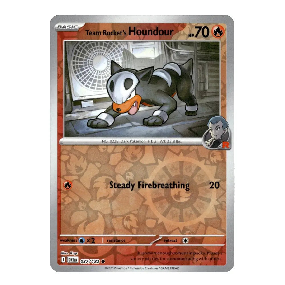 A single Pokémon trading card for Team Rocket's Houndour, shown against a plain white background. The card has a silver border, orange-brown patterned lower half, and artwork of the character Houndour in the center.