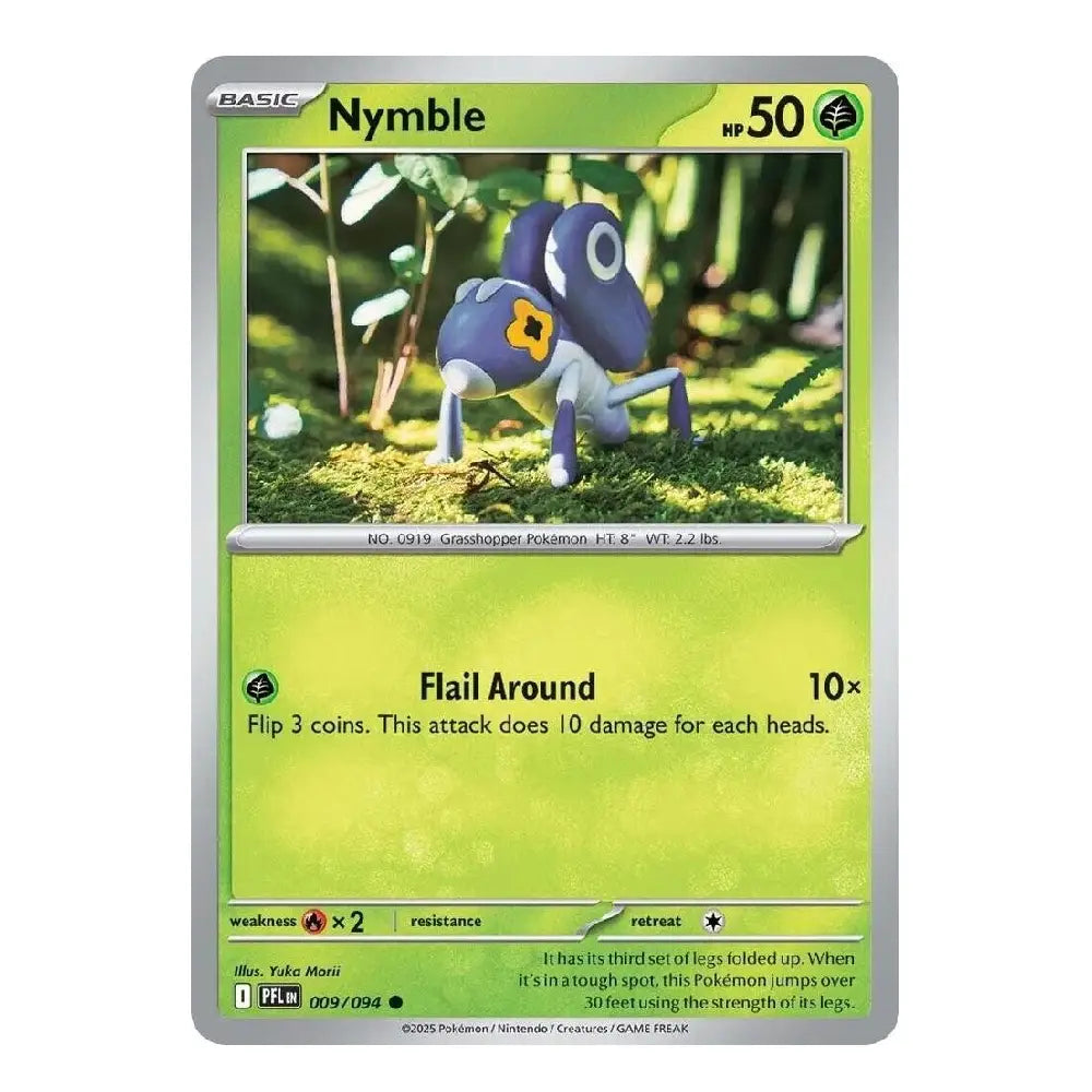 A single Pokémon trading card for Nymble from the Basic set, shown against a plain white background. The card features a green and yellow-green design with a silver border, and an illustration of the blue and purple Nymble character in a grassy setting.