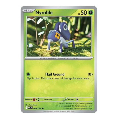 A single Pokémon trading card for Nymble from the Basic set, shown against a plain white background. The card features a green and yellow-green design with a silver border, and an illustration of the blue and purple Nymble character in a grassy setting.