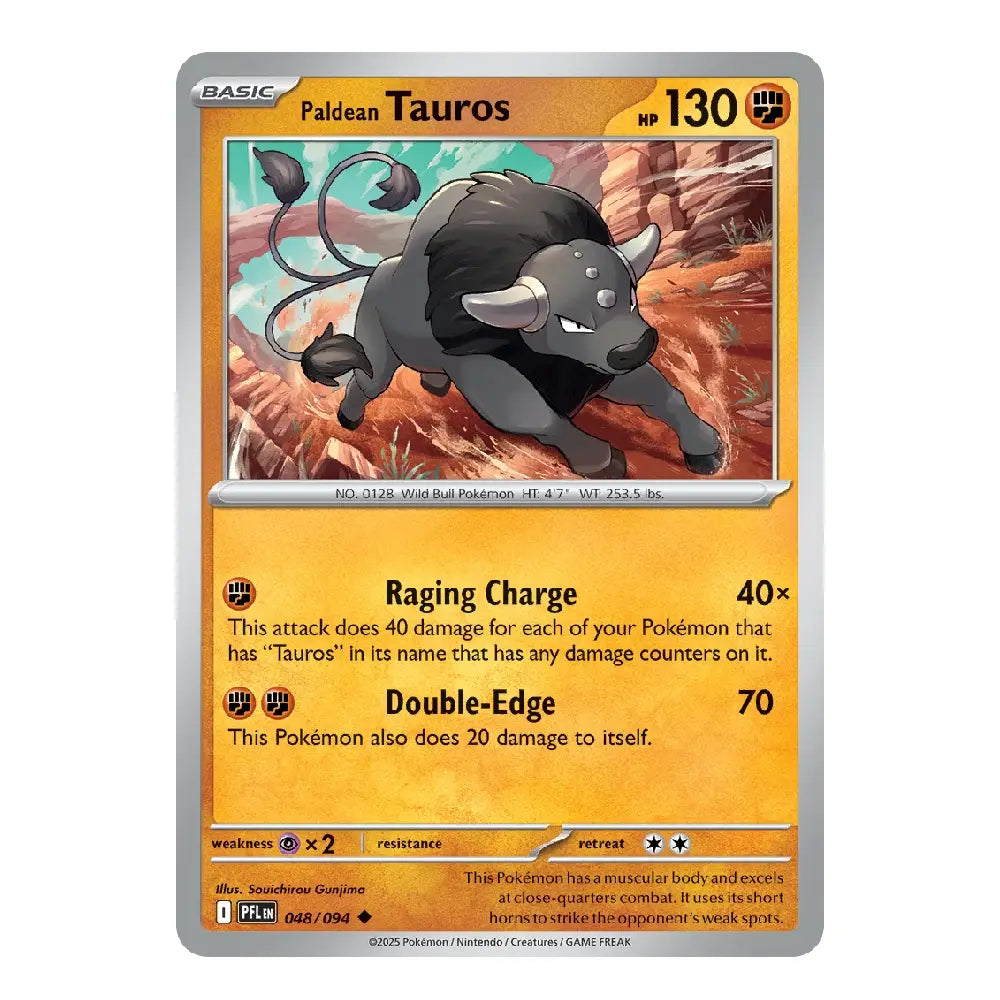 A single Pokémon trading card for Paldean Tauros from the Basic Set, featuring artwork of the creature and game text on a yellow-orange card face with a silver border.