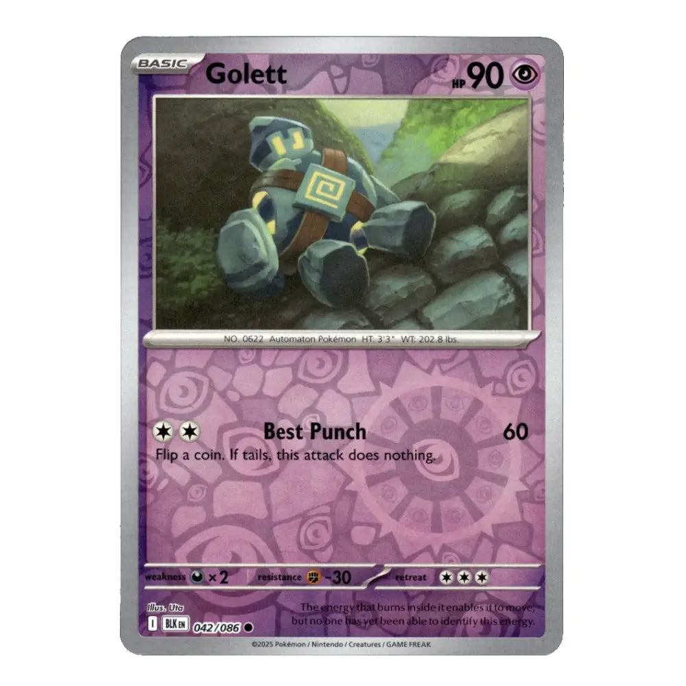 A single Pokémon trading card for Golett from the Basic set, shown against a plain white background. The card has a purple and pink patterned design with a central illustration of the Golett character.