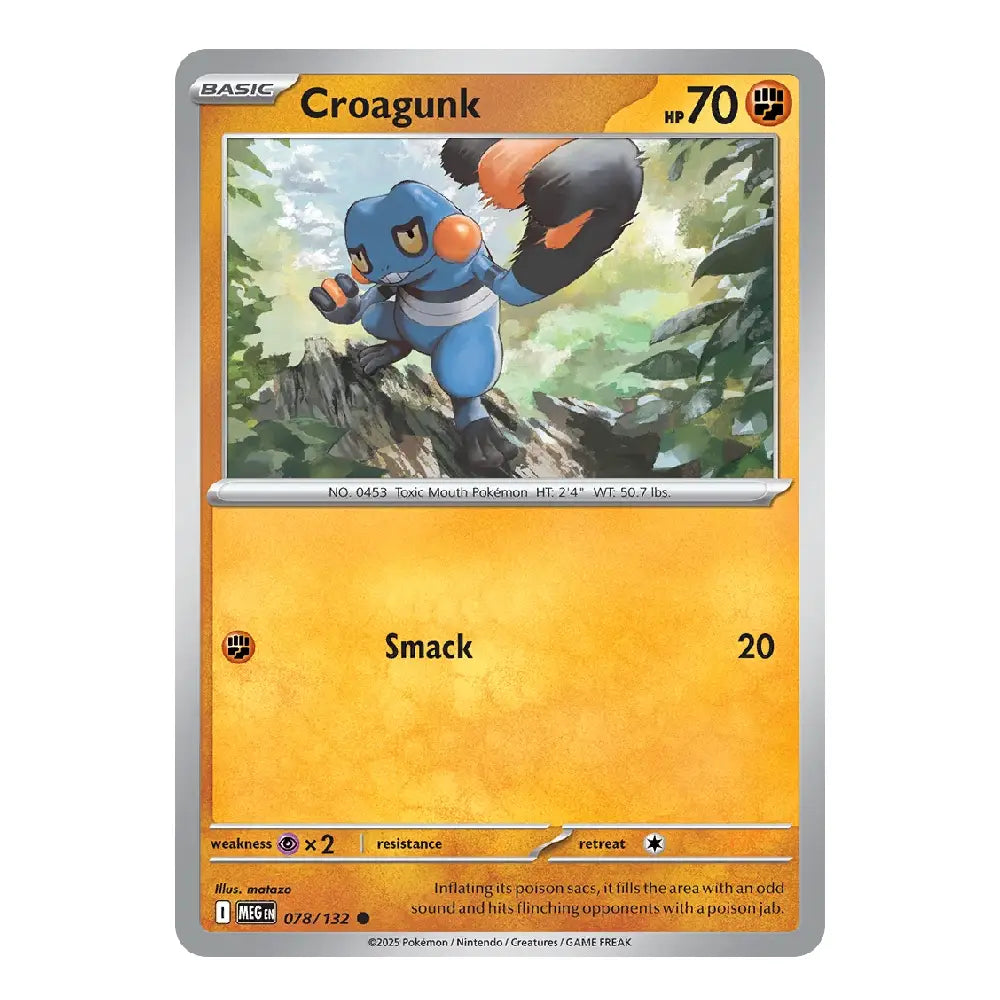 A single Pokémon trading card for Croagunk from the Basic set, shown flat against a plain white background. The card features a silver border, a blue-and-orange creature illustration, and the text 'Croagunk', 'Smack', and '20'.