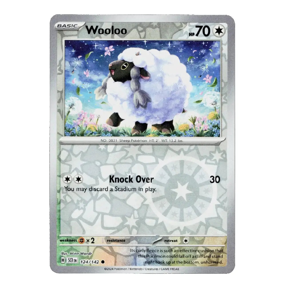 A single Pokémon trading card for Wooloo from the Basic set, shown against a plain white background. The card features a silver border, a central illustration of a fluffy white sheep with black legs and face, and game text including 'Knock Over' and HP 70.