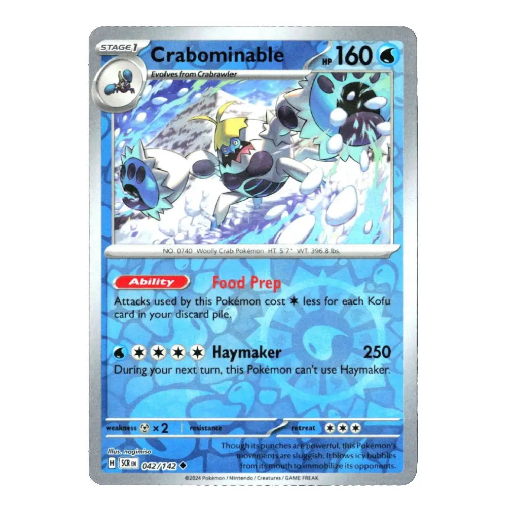 A single Pokémon trading card for Crabominable from the 2024 TCG Season Pass, featuring a silver holographic border and blue water-themed artwork.