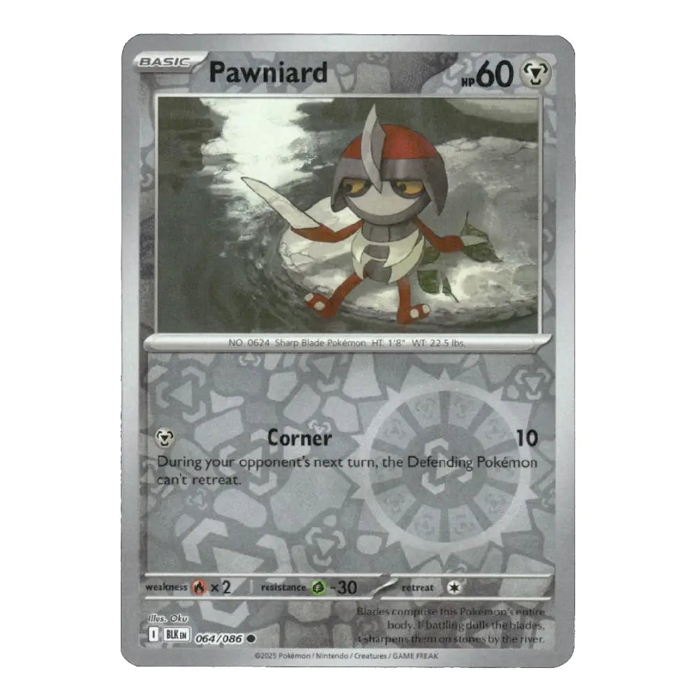 A single Pokémon trading card for Pawniard from the Basic set, shown against a plain white background. The card features a silver-gray border and frame, with Pawniard illustrated in the center and game text below.
