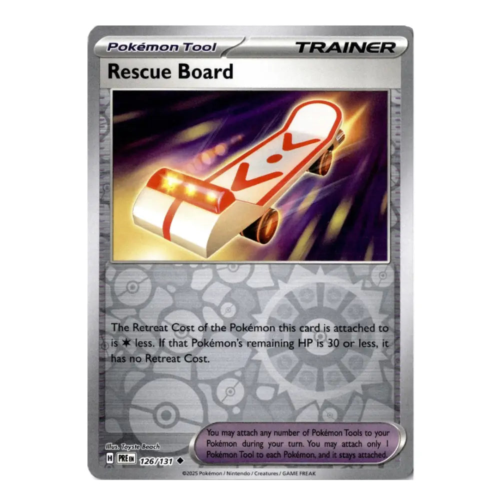 A single Pokémon trading card for the Rescue Board tool, shown against a plain white background. The card has a silver-gray border, black text, and artwork of a white and red skateboard-like tool with glowing orange light effects.