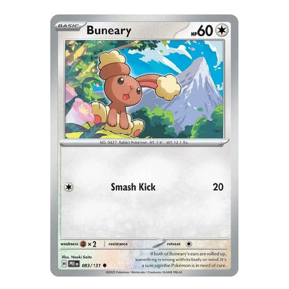 A single Pokémon trading card featuring Buneary, from the Basic set. The card has a silver border, black text, and a colorful illustration of the character Buneary in a green, mountainous outdoor setting.
