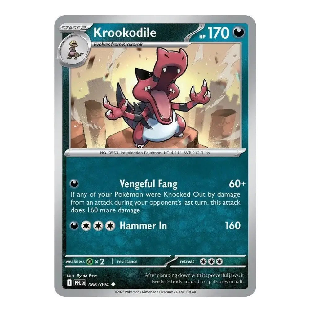 A single Pokémon trading card for Krookodile, shown against a plain white background. The card features a teal-blue lower text area, a silver border, and artwork of the pink and white dragon character in the upper illustration panel.