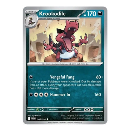 A single Pokémon trading card for Krookodile, shown against a plain white background. The card features a teal-blue lower text area, a silver border, and artwork of the pink and white dragon character in the upper illustration panel.