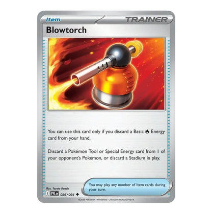 A single Pokémon trading card for the Blowtorch item, shown upright on a plain white background. The card has a silver border, fiery orange and red artwork of a torch-like tool, and black text including the name 'Blowtorch' and 'TRAINER'.