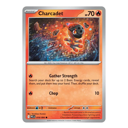 A single Charcadet Pokémon trading card from the Fire-Charcadet set, featuring a silver border, orange text boxes, and a colorful illustration of a fiery black-and-orange creature.