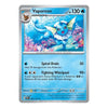 A single Pokémon trading card for Vaporeon, shown flat against a plain white background. The card has a silver border, blue water-themed artwork, and printed text detailing the Vaporeon abilities.