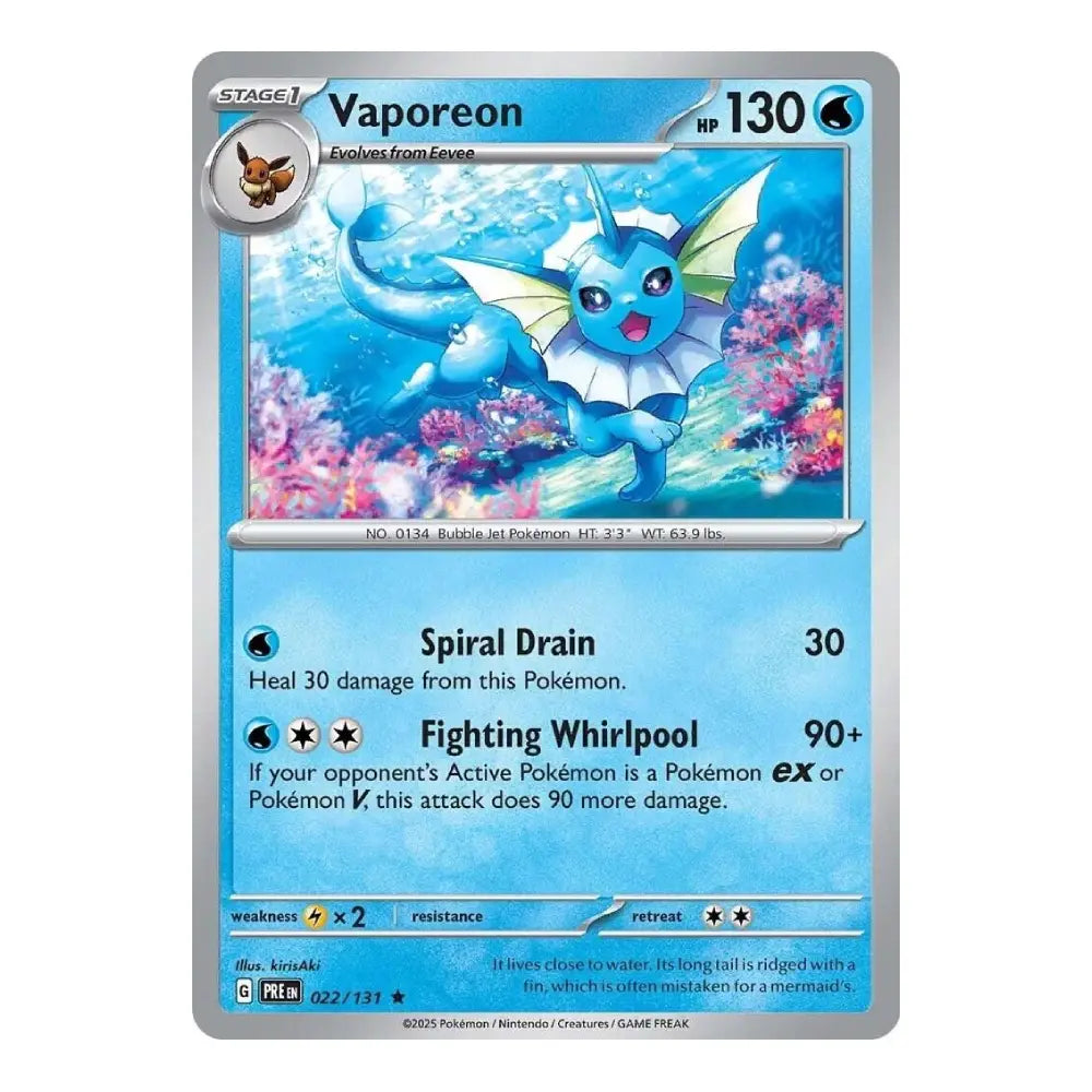 A single Pokémon trading card for Vaporeon, shown flat against a plain white background. The card has a silver border, blue water-themed artwork, and printed text detailing the Vaporeon abilities.