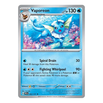 A single Pokémon trading card for Vaporeon, shown flat against a plain white background. The card has a silver border, blue water-themed artwork, and printed text detailing the Vaporeon abilities.