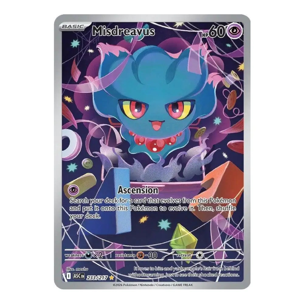 A Pokémon trading card featuring Misdreavus from the Evolving Skies set, with a purple and blue character illustration, silver border, and card text visible on a plain white background.