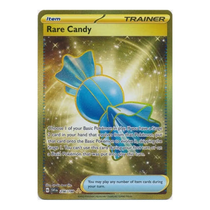 Rare Candy Pokémon Trainer Item card featuring a blue wrapped candy on a sparkling gold holo background with official card artwork and game text.
