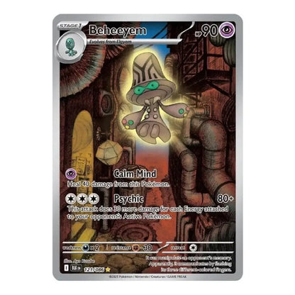A Pokémon trading card featuring Beheeyem, a Calm Mind Eevee. The card has a silver border and displays the character illustration in a dark, industrial environment with warm yellow and orange lighting.