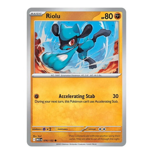 A single Pokémon trading card for Riolu from the Basic set, shown against a plain white background. The card features artwork of Riolu in blue and black, with a gold/yellow text box and silver border.