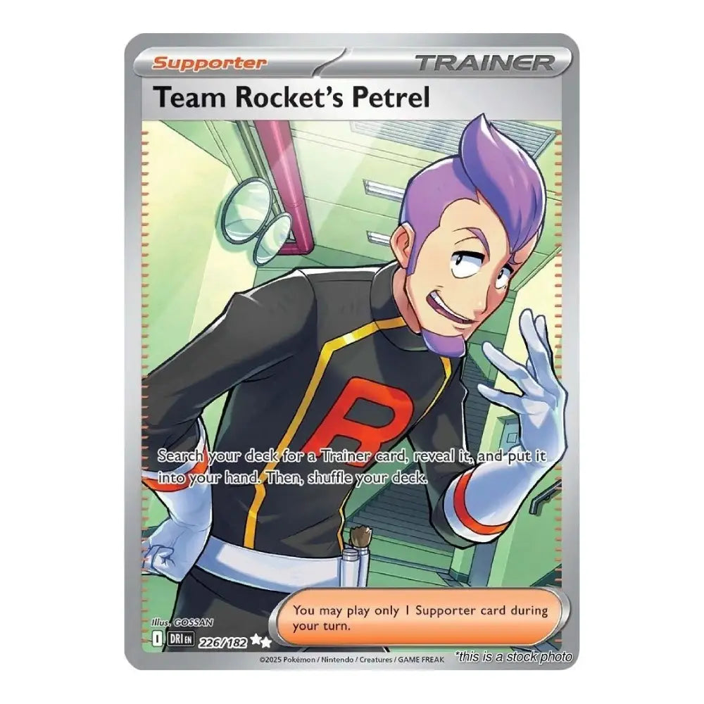 A Pokémon trading card for Team Rocket's Petrel, featuring an illustrated character in a black and red Rocket-style uniform with purple hair, on a silver card border.