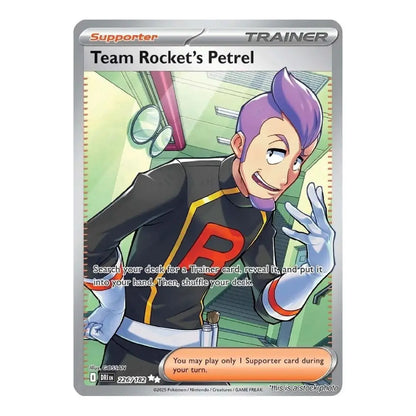 A Pokémon trading card for Team Rocket's Petrel, featuring an illustrated character in a black and red Rocket-style uniform with purple hair, on a silver card border.