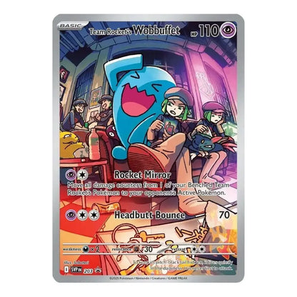 A single Pokémon trading card for Team Rocket's Wobbuffet, shown flat against a plain white background. The card features colorful anime artwork with a blue wavy character, red and purple tones, and standard trading card text and stats.