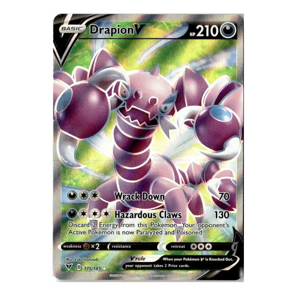 Drapion V Pokémon trading card featuring a full-art holographic illustration of the purple scorpion-like Pokémon with 210 HP, showcasing the attacks Wrack Down and Hazardous Claws on a vibrant green and yellow background.