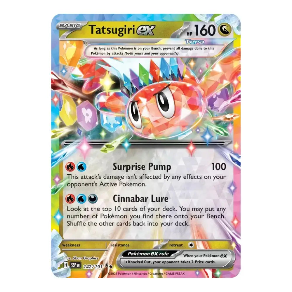 A single Pokémon trading card for Tatsugiri EX from the 2024 TCG Expansion Set, featuring a holographic rainbow border and colorful artwork of the Pokémon on a white background.