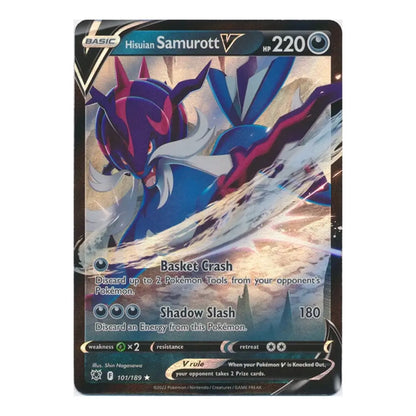 A single Pokémon trading card for Hisulian Samurott V, shown against a plain white background. The card features artwork of the blue and purple creature with dark red accents, and visible text including HP 220 and move names Basket Crash and Shadow Slash.