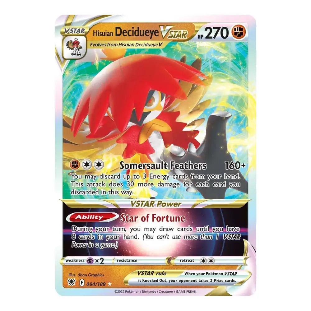 A holographic Pokémon TCG trading card for Hisuian Deciduousye, featuring a red bird character with yellow and black accents, set against a multicolored iridescent background.