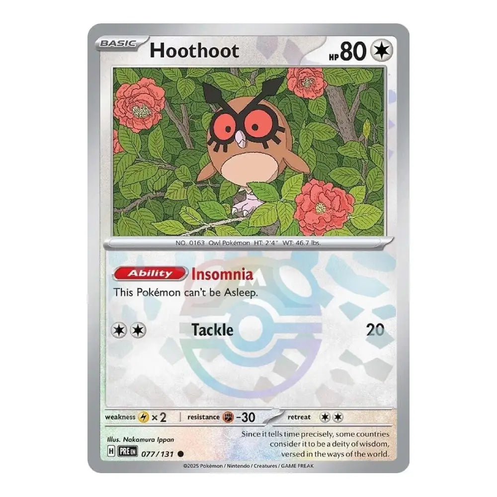 A single Pokémon trading card for Hoothoot from the Basic set, shown flat against a plain white background. The card features artwork of a brown owl with large red eyes among green leaves and pink flowers, with game text and stats printed below.