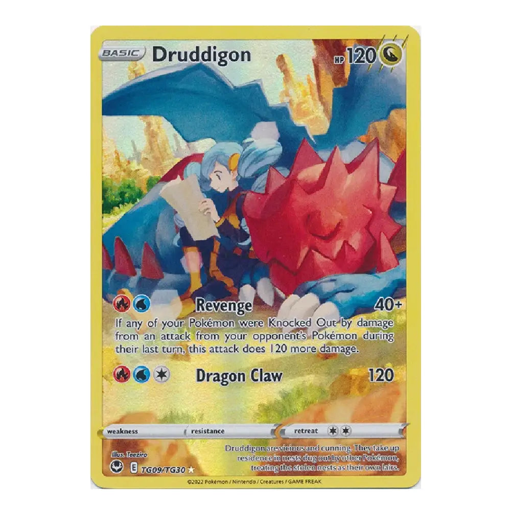 A single Pokémon trading card for Druddigon, shown against a plain white background. The card has a yellow border and features artwork of a blue dragon with red spikes, plus game text and stats printed on the front.