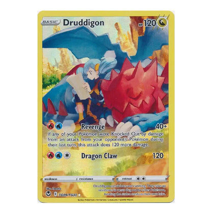 A single Pokémon trading card for Druddigon, shown against a plain white background. The card has a yellow border and features artwork of a blue dragon with red spikes, plus game text and stats printed on the front.