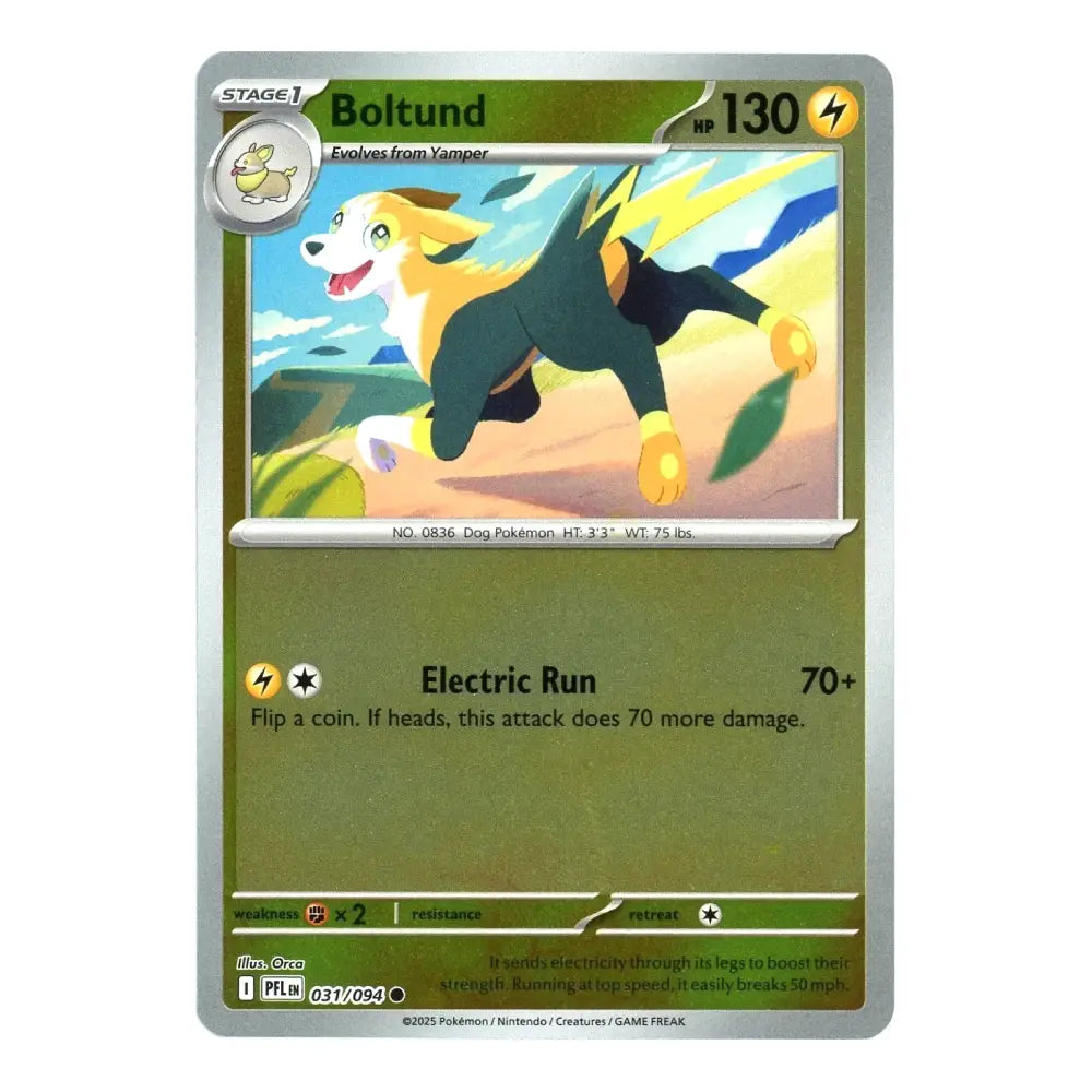 A single Pokémon trading card for Boltund, shown against a plain white background. The card features a green and gold design with an illustration of the dog-like Pokémon character in the center and text detailing its Electric Run attack.